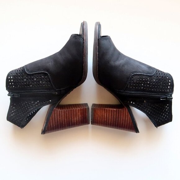 Lucky Brand Black Nubuck Perforated Leather Block Heel Open Toe Bootie Shoes 7.5 - Picture 14 of 16